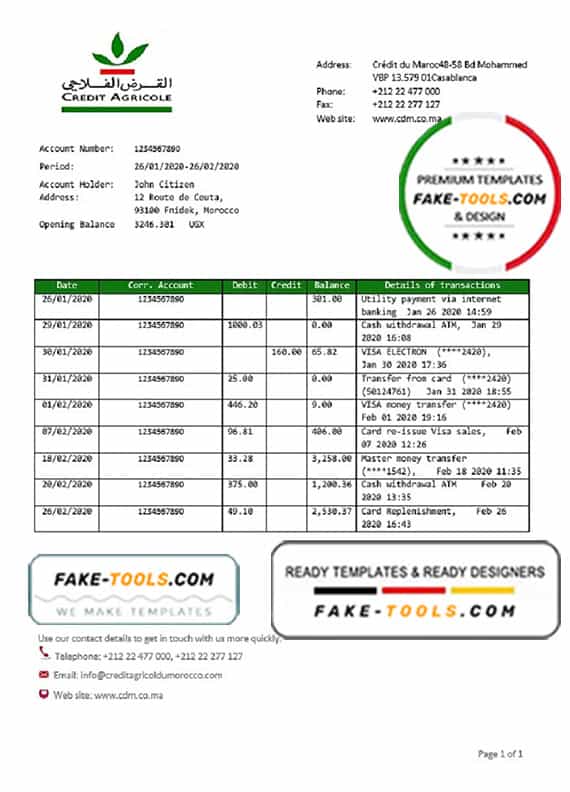 Morocco Credit Agricole bank statement template in Word and PDF format, good for address prove Morocco Credit Agricole bank statement template in Word and PDF format, good for address prove