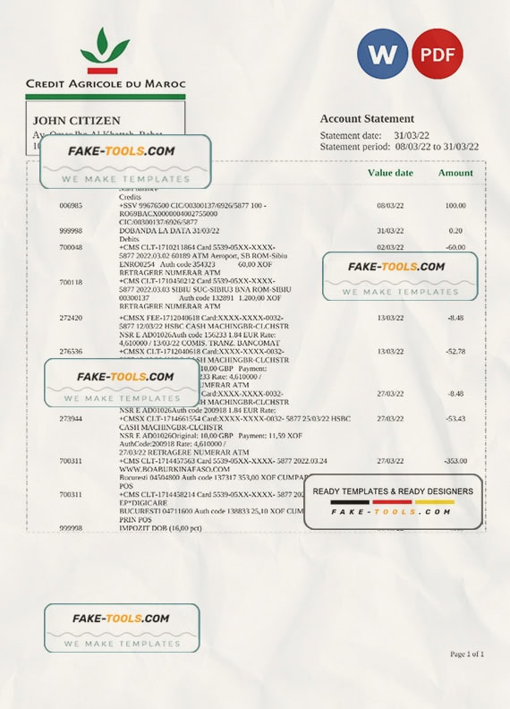 Morocco Credit Agricole bank statement Word and PDF template Morocco Credit Agricole bank statement Word and PDF template