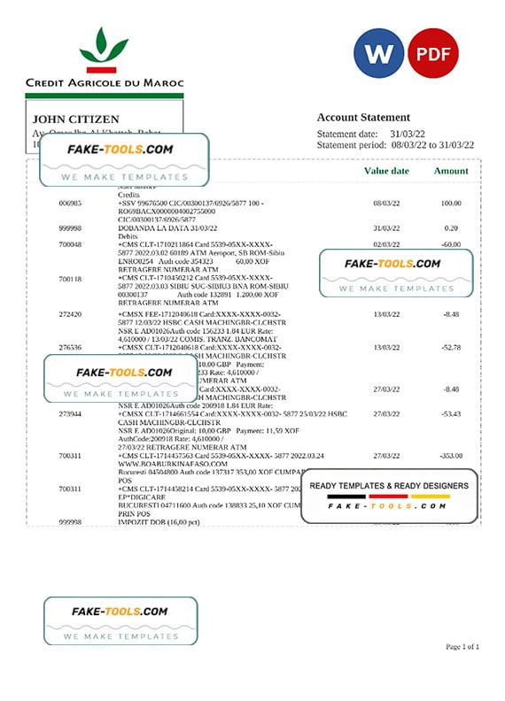 Morocco Credit Agricole bank statement Word and PDF template Morocco Credit Agricole bank statement Word and PDF template
