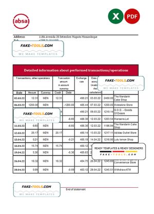 Mozambique ABSA bank statement Excel and PDF template Mozambique ABSA bank statement Excel and PDF template