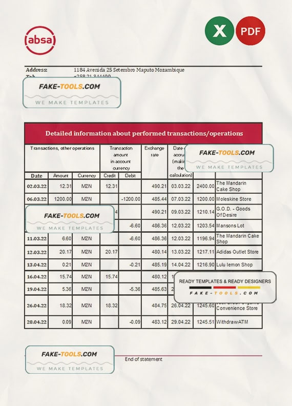 Mozambique ABSA bank statement Excel and PDF template Mozambique ABSA bank statement Excel and PDF template