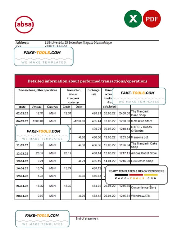 Mozambique ABSA bank statement Excel and PDF template Mozambique ABSA bank statement Excel and PDF template