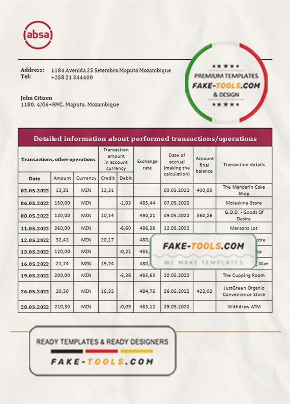Mozambique ABSA bank statement template in Word and PDF format Mozambique ABSA bank statement template in Word and PDF format