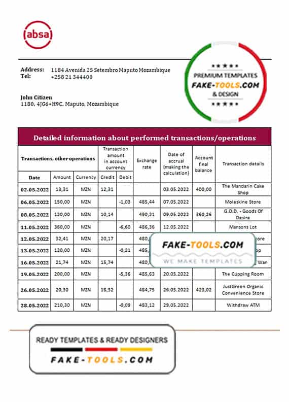 Mozambique ABSA bank statement template in Word and PDF format Mozambique ABSA bank statement template in Word and PDF format