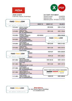 Mozambique Moza bank statement Excel and PDF template Mozambique Moza bank statement Excel and PDF template