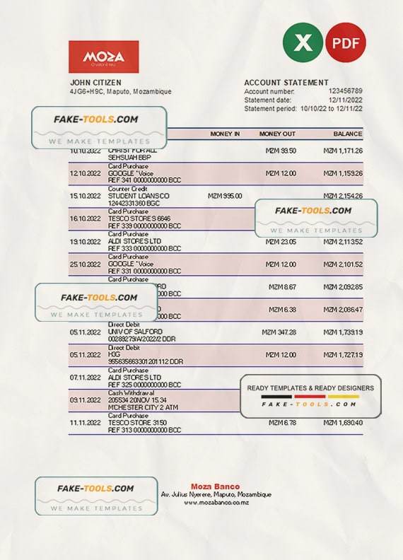 Mozambique Moza bank statement Excel and PDF template Mozambique Moza bank statement Excel and PDF template