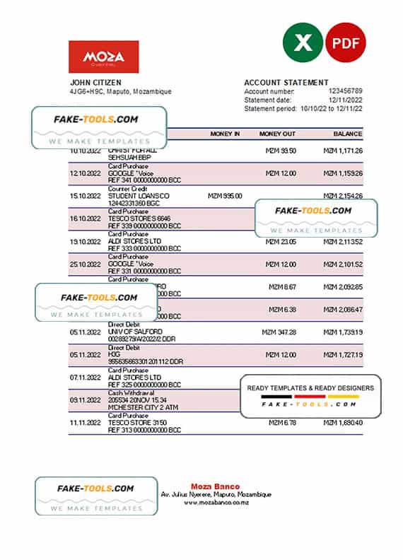 Mozambique Moza bank statement Excel and PDF template Mozambique Moza bank statement Excel and PDF template