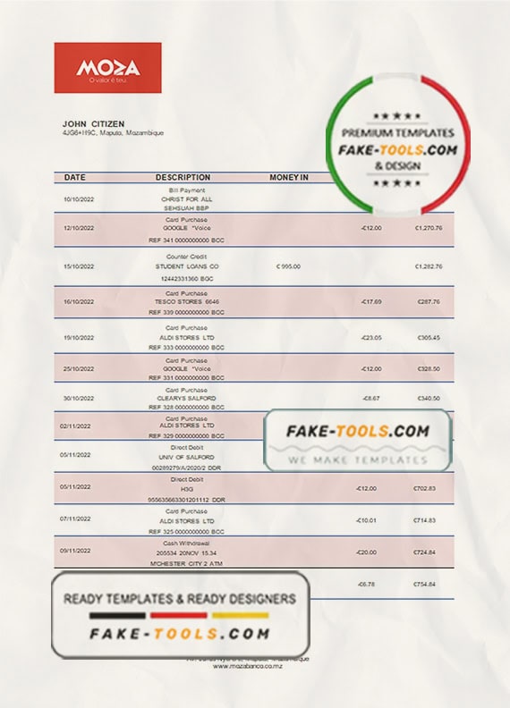 Mozambique Moza bank statement template in Word and PDF format Mozambique Moza bank statement template in Word and PDF format