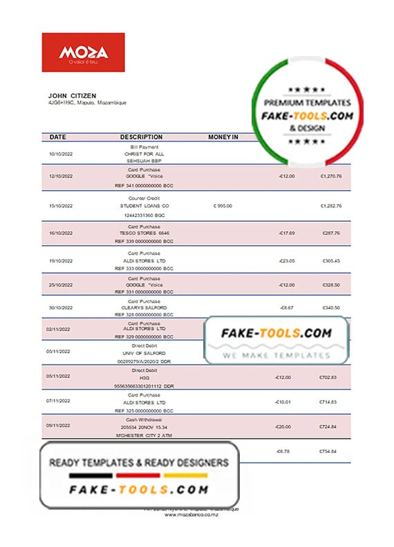 Mozambique Moza bank statement template in Word and PDF format Mozambique Moza bank statement template in Word and PDF format