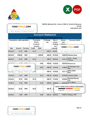 Myanmar Innwa Bank Limited bank statement Excel and PDF template Myanmar Innwa Bank Limited bank statement Excel and PDF template