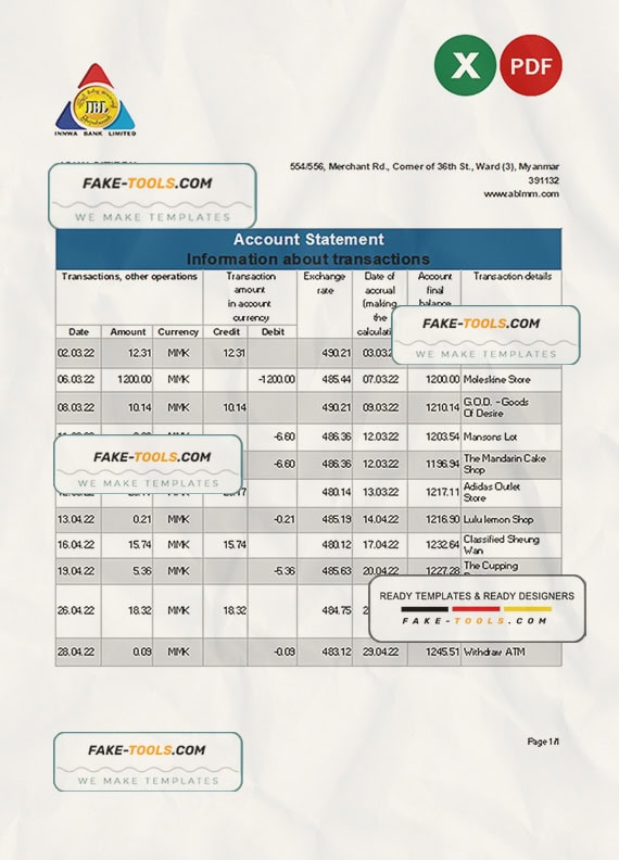Myanmar Innwa Bank Limited bank statement Excel and PDF template Myanmar Innwa Bank Limited bank statement Excel and PDF template