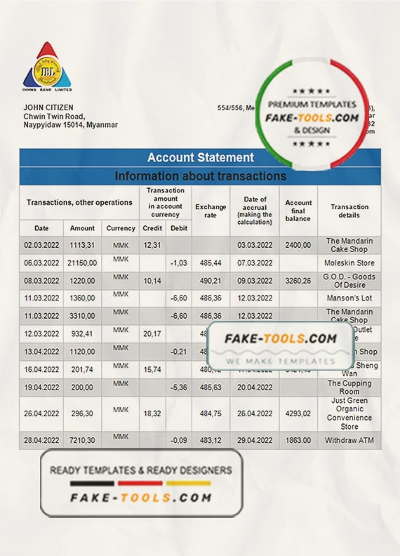 Myanmar Innwa Bank Limited bank statement template in Word and PDF format Myanmar Innwa Bank Limited bank statement template in Word and PDF format