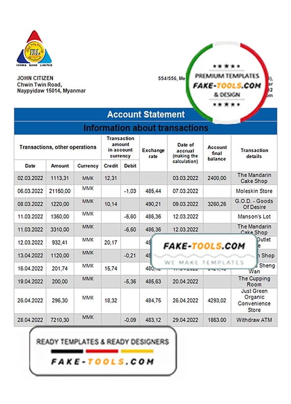Myanmar Innwa Bank Limited bank statement template in Word and PDF format Myanmar Innwa Bank Limited bank statement template in Word and PDF format