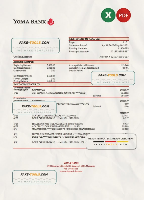 Myanmar Yoma bank statement Excel and PDF template Myanmar Yoma bank statement Excel and PDF template
