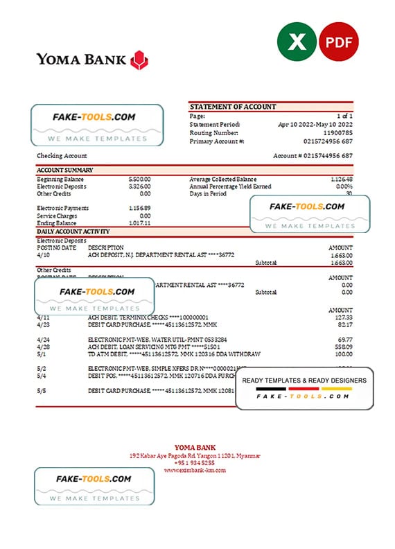 Myanmar Yoma bank statement Excel and PDF template Myanmar Yoma bank statement Excel and PDF template