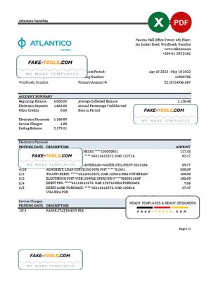 Namibia Atlantico bank statement Excel and PDF template Namibia Atlantico bank statement Excel and PDF template