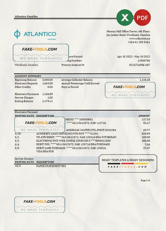 Namibia Atlantico bank statement Excel and PDF template Namibia Atlantico bank statement Excel and PDF template