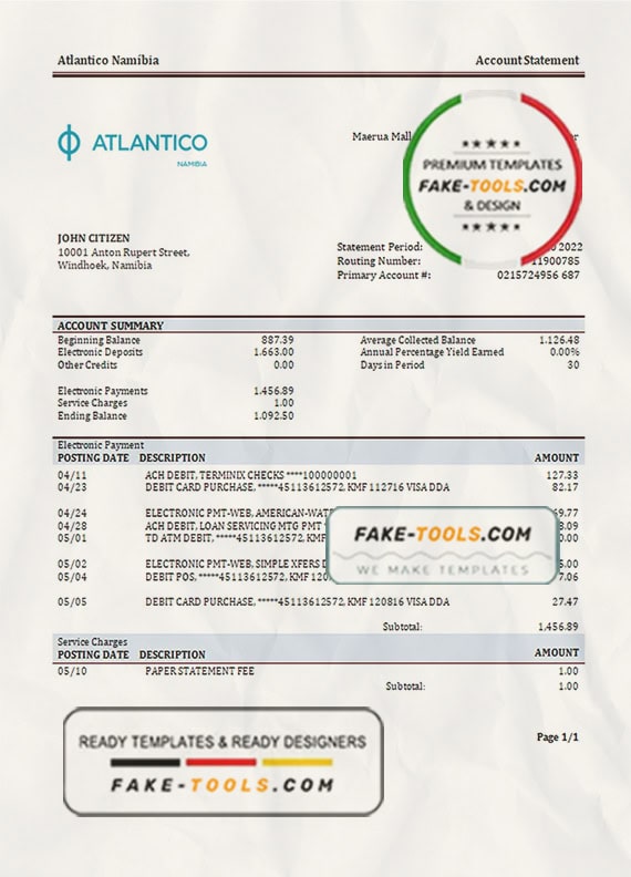 Namibia Atlantico bank statement template in Word and PDF format Namibia Atlantico bank statement template in Word and PDF format