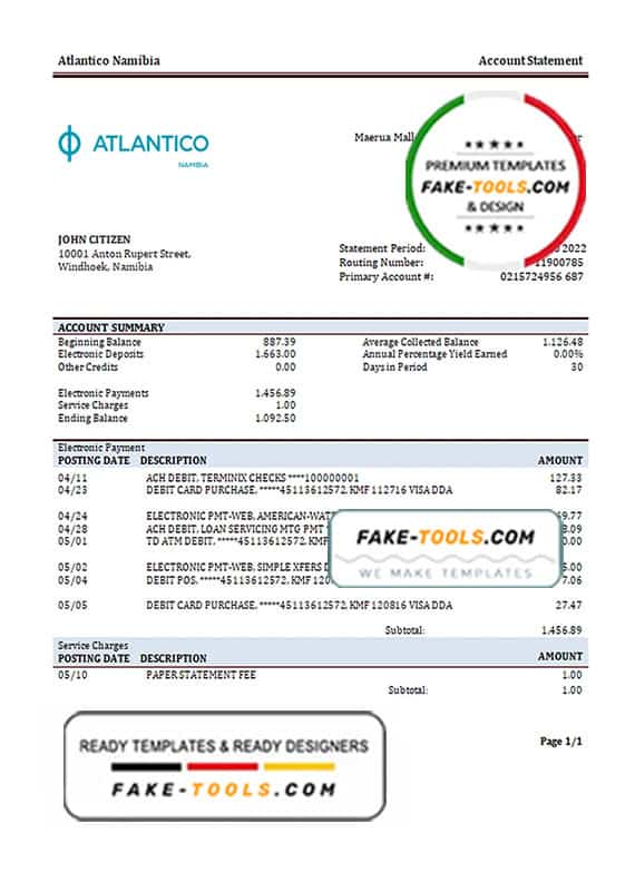 Namibia Atlantico bank statement template in Word and PDF format Namibia Atlantico bank statement template in Word and PDF format