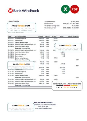 Namibia Bank Windhoek bank statement Excel and PDF template Namibia Bank Windhoek bank statement Excel and PDF template