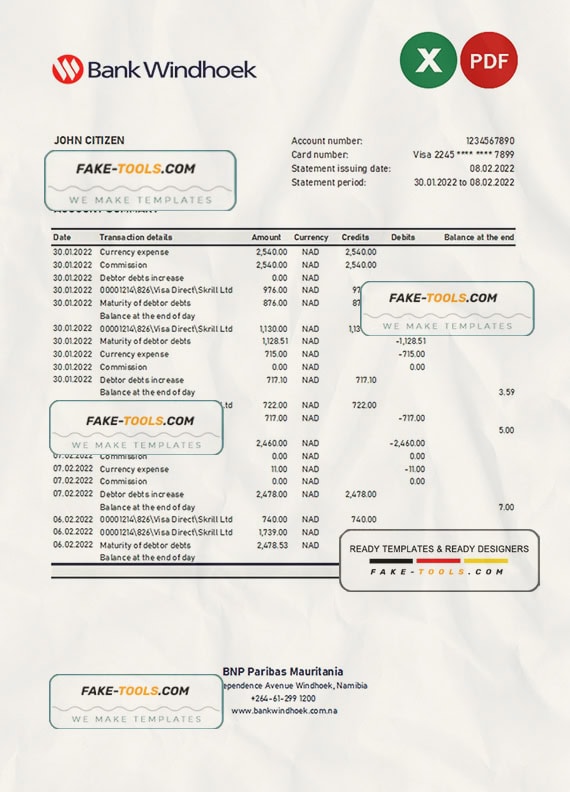 Namibia Bank Windhoek bank statement Excel and PDF template Namibia Bank Windhoek bank statement Excel and PDF template
