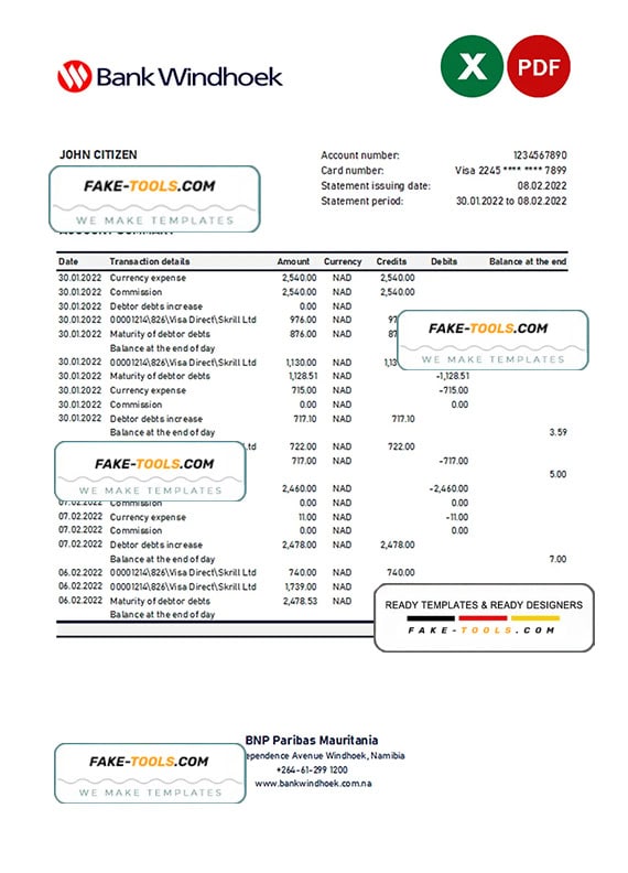 Namibia Bank Windhoek bank statement Excel and PDF template Namibia Bank Windhoek bank statement Excel and PDF template