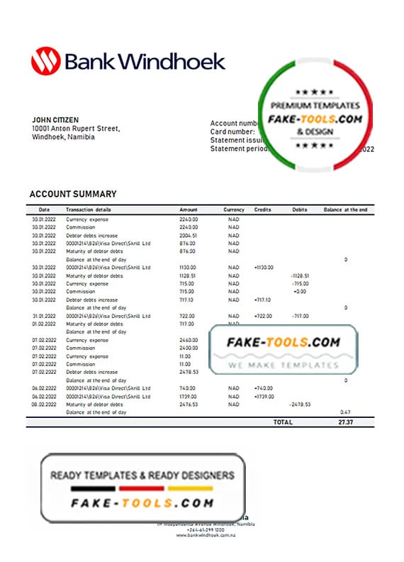 Namibia Bank Windhoek bank statement template in Word and PDF format Namibia Bank Windhoek bank statement template in Word and PDF format