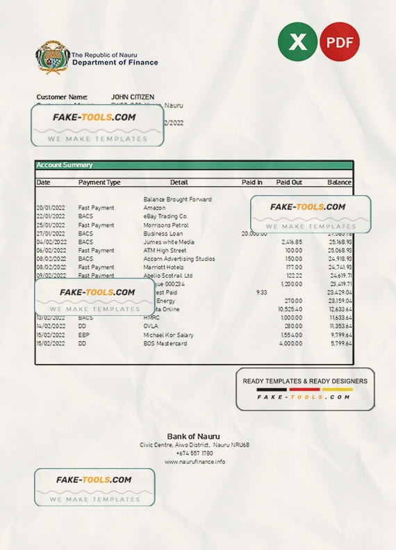 Nauru Bank of Nauru bank statement Excel and PDF template Nauru Bank of Nauru bank statement Excel and PDF template