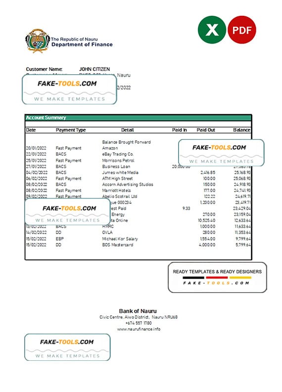 Nauru Bank of Nauru bank statement Excel and PDF template Nauru Bank of Nauru bank statement Excel and PDF template