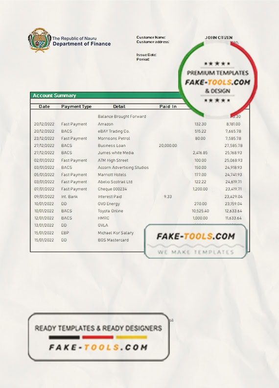 Nauru Bank of Nauru bank statement template in Word and PDF format Nauru Bank of Nauru bank statement template in Word and PDF format