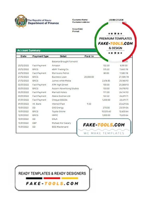 Nauru Bank of Nauru bank statement template in Word and PDF format Nauru Bank of Nauru bank statement template in Word and PDF format