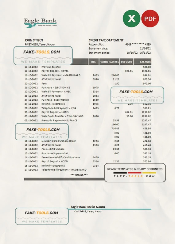 Nauru Eagle bank statement Excel and PDF template Nauru Eagle bank statement Excel and PDF template