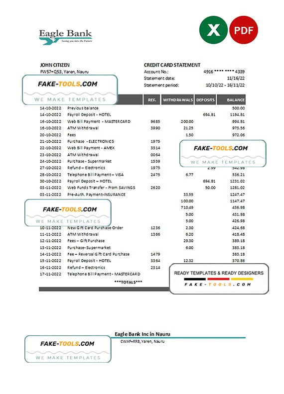 Nauru Eagle bank statement Excel and PDF template Nauru Eagle bank statement Excel and PDF template