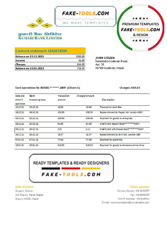Nepal Kumari Bank statement template in Excel and PDF format Nepal Kumari Bank statement template in Excel and PDF format