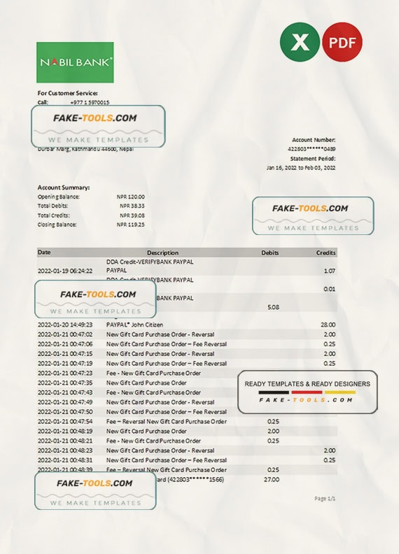 Nepal Nabil bank statement Excel and PDF template Nepal Nabil bank statement Excel and PDF template