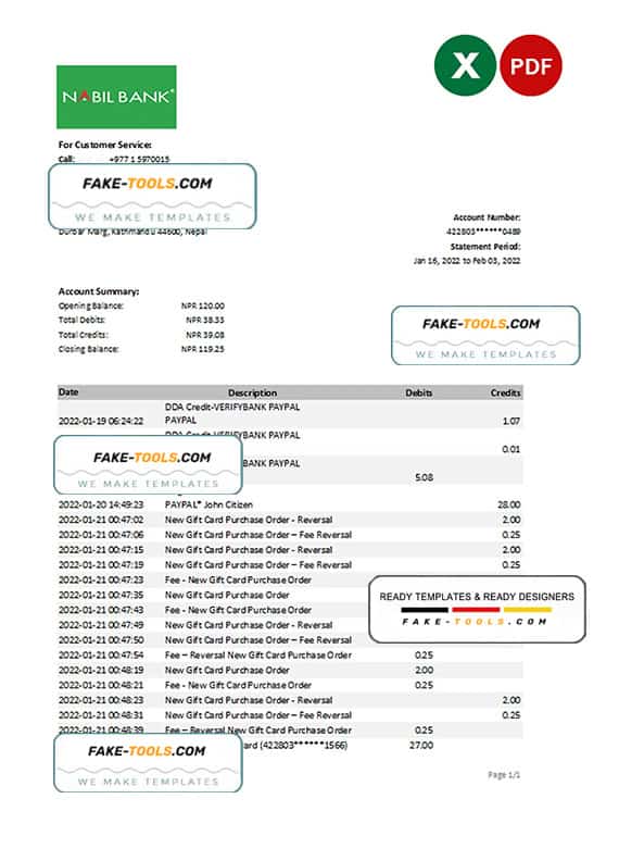 Nepal Nabil bank statement Excel and PDF template Nepal Nabil bank statement Excel and PDF template