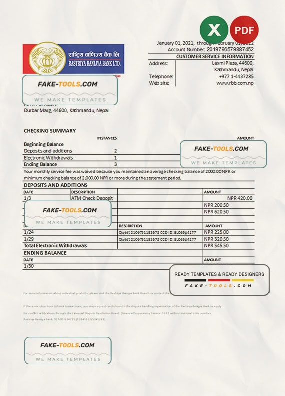 Nepal Rastriya Banijya bank statement Excel and PDF template Nepal Rastriya Banijya bank statement Excel and PDF template