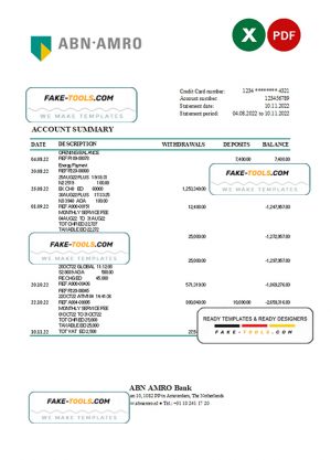 Netherlands ABN AMRO bank statement Excel and PDF template Netherlands ABN AMRO bank statement Excel and PDF template