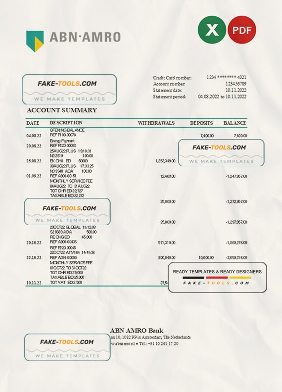 Netherlands ABN AMRO bank statement Excel and PDF template Netherlands ABN AMRO bank statement Excel and PDF template