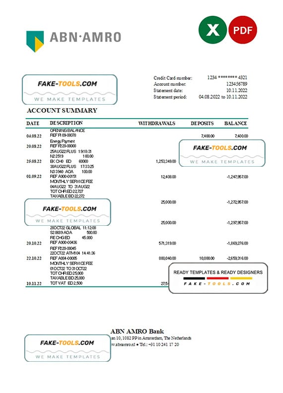 Netherlands ABN AMRO bank statement Excel and PDF template Netherlands ABN AMRO bank statement Excel and PDF template