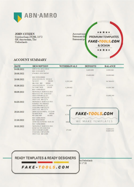 Netherlands ABN AMRO bank statement template in Word and PDF format Netherlands ABN AMRO bank statement template in Word and PDF format