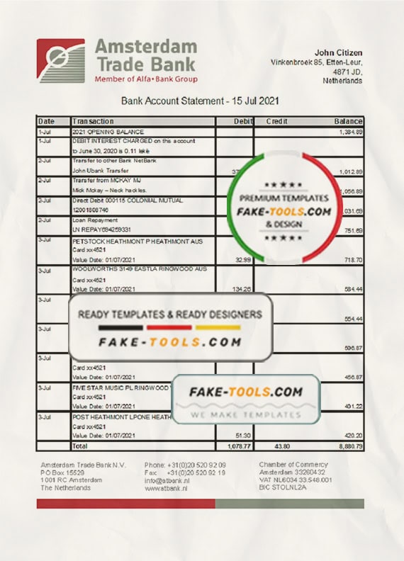 Netherlands Amsterdam Trade Bank statement template in Excel and PDF format Netherlands Amsterdam Trade Bank statement template in Excel and PDF format