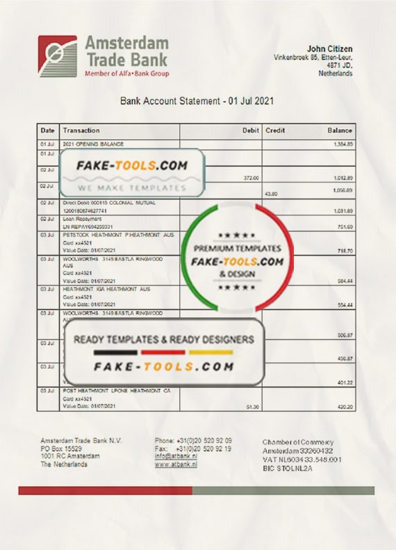 Netherlands Amsterdam Trade Bank statement template in Word and PDF format Netherlands Amsterdam Trade Bank statement template in Word and PDF format