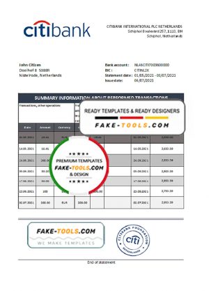 Netherlands Citibank bank statement template in .xls and .pdf file format Netherlands Citibank bank statement template in .xls and .pdf file format