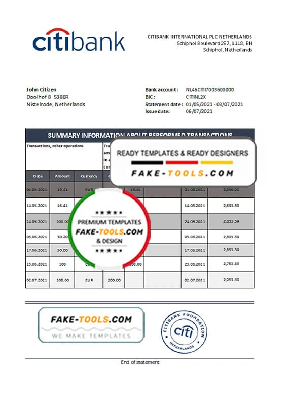 Netherlands Citibank bank statement template in .xls and .pdf file format Netherlands Citibank bank statement template in .xls and .pdf file format