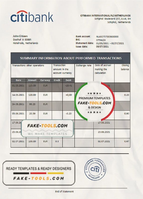 Netherlands Citibank bank statement template in .doc and .pdf file format Netherlands Citibank bank statement template in .doc and .pdf file format