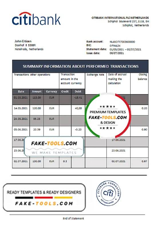 Netherlands Citibank bank statement template in .doc and .pdf file format Netherlands Citibank bank statement template in .doc and .pdf file format