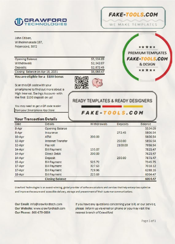 Netherlands (Holland) Crawford Technologies Bank statement easy to fill template in Excel and PDF format Netherlands (Holland) Crawford Technologies Bank statement easy to fill template in Excel and PDF format