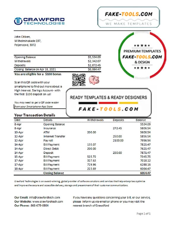 Netherlands (Holland) Crawford Technologies Bank statement easy to fill template in Excel and PDF format Netherlands (Holland) Crawford Technologies Bank statement easy to fill template in Excel and PDF format