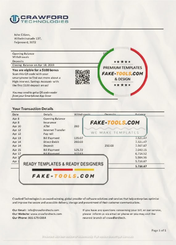 Netherlands (Holland) Crawford Technologies bank statement template in Word and PDF format Netherlands (Holland) Crawford Technologies bank statement template in Word and PDF format